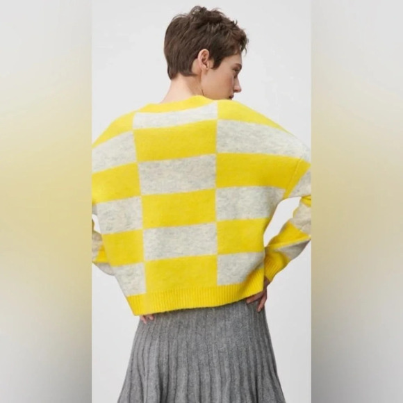 Zara Alpaca Wool Blend Boxy Button Front V Neck Cardigan Sweater Yellow Checked - Picture 12 of 12